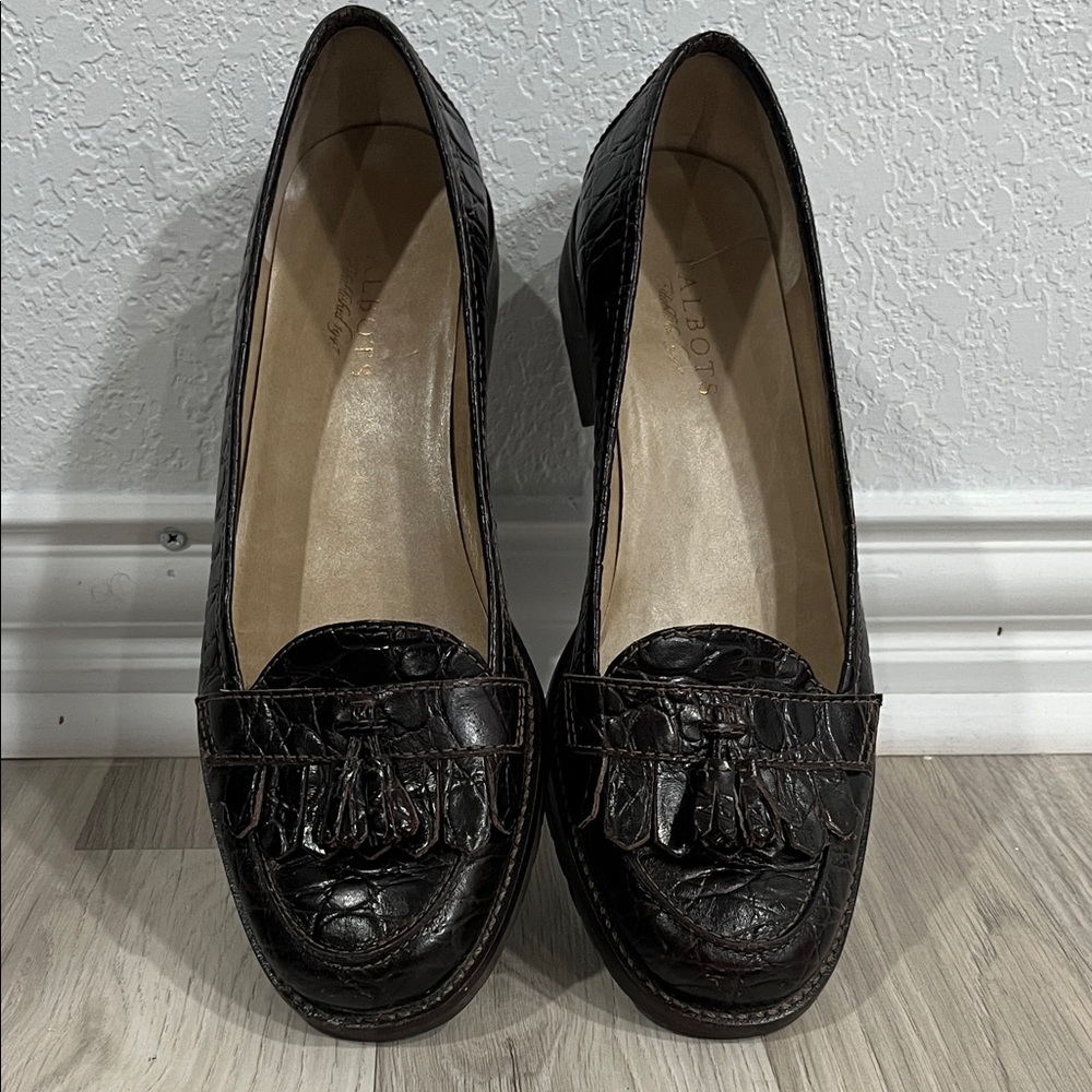 Talbots Crocodile Embossed Leather Tassel Penny Loafers Dark Brown Women's Sz 9B